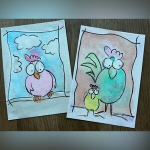 Whimsical Chicken Illustration Set Watercolor and Ink Original 5x7